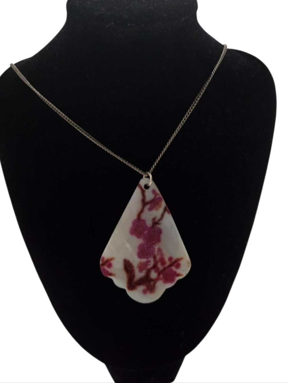 Vintage Mother of Pearl Cherry Blossom Pendant Necklace - Pink/Brown Floral